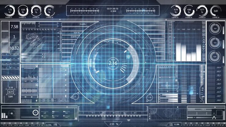 Animazione di schermo digitale blu con elaborazione dati diversificata, punti e grafici