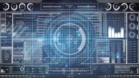 animación de pantalla digital azul con diversos procesamientos de datos, puntos y gráficos