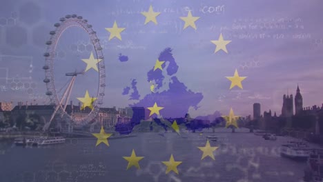 Animation-of-european-union-flag,-map,-mathematical-equations-over-millennium-wheel-and-big-ben