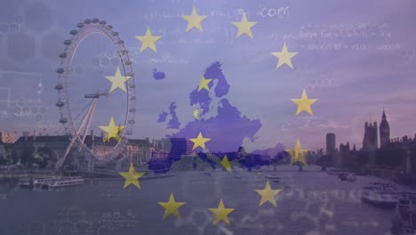 animation of european union flag, map, mathematical equations over millennium wheel and big ben