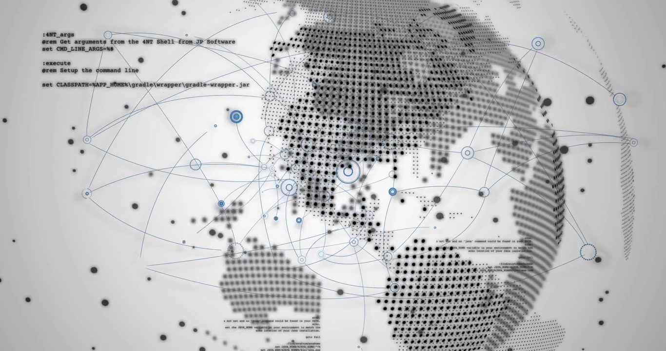 On command prompt starting, globe rotating, nodes appearing, linking and visualizing network growth