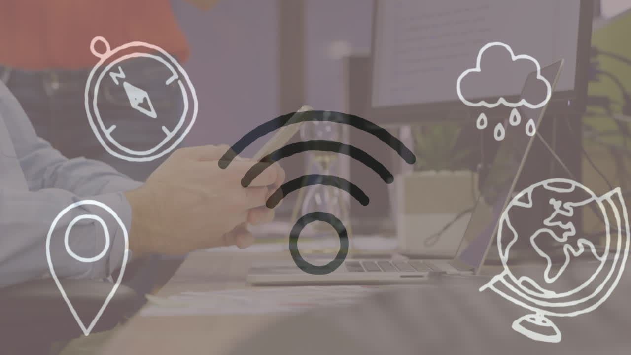 Animation of wi-fi and digital icons against mid section of man using smartphone at office