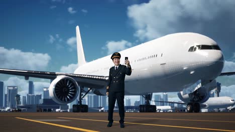 cuerpo lleno de piloto de hombre asiático agitando la mano teniendo una llamada de video en el teléfono inteligente mientras está de pie en el aeródromo con el avión en el fondo