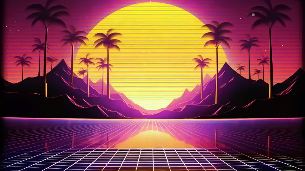 Retro-futuristic video concept with a vibrant sunset, palm trees, and grid lines