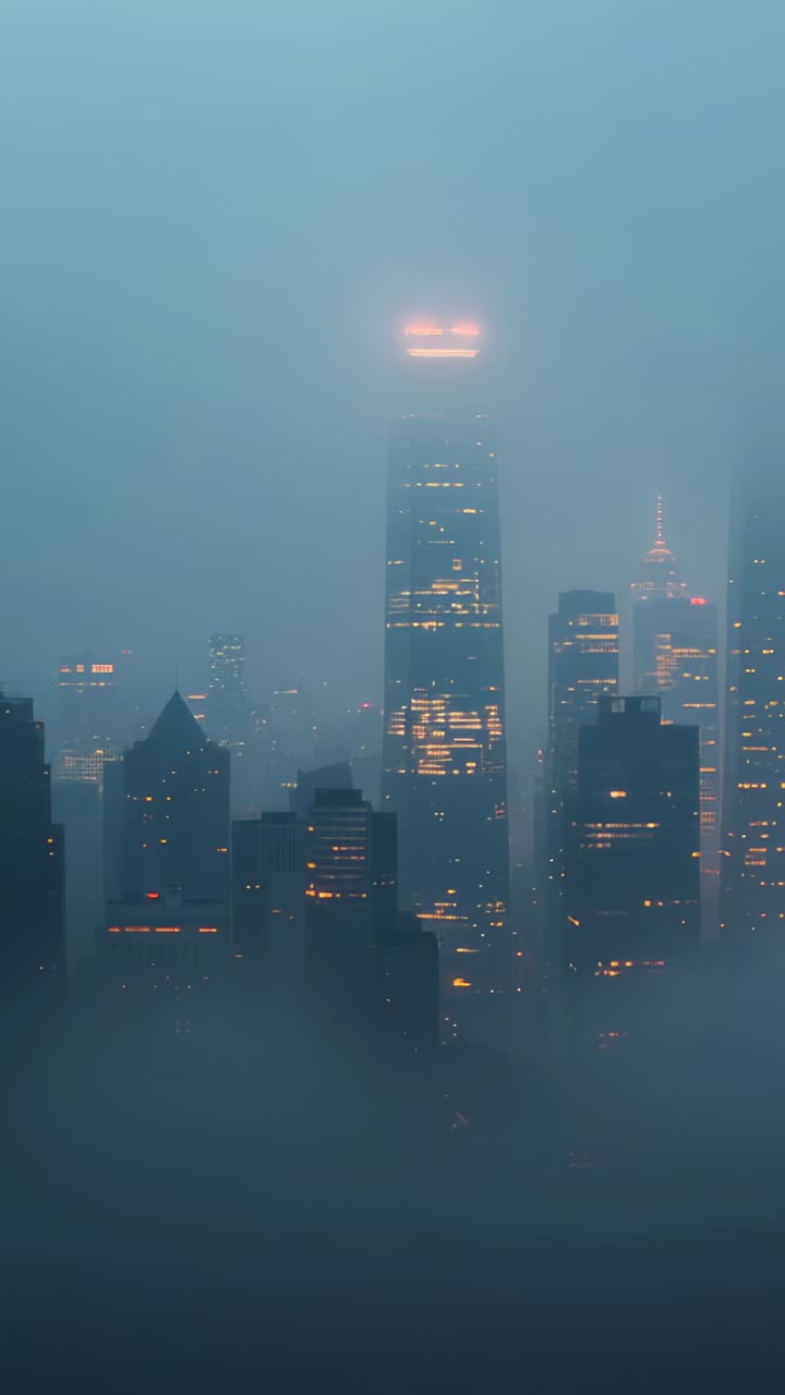 Vertical video: Thinning fog revealing skyscraper shape from rooftop view with glowing windows
