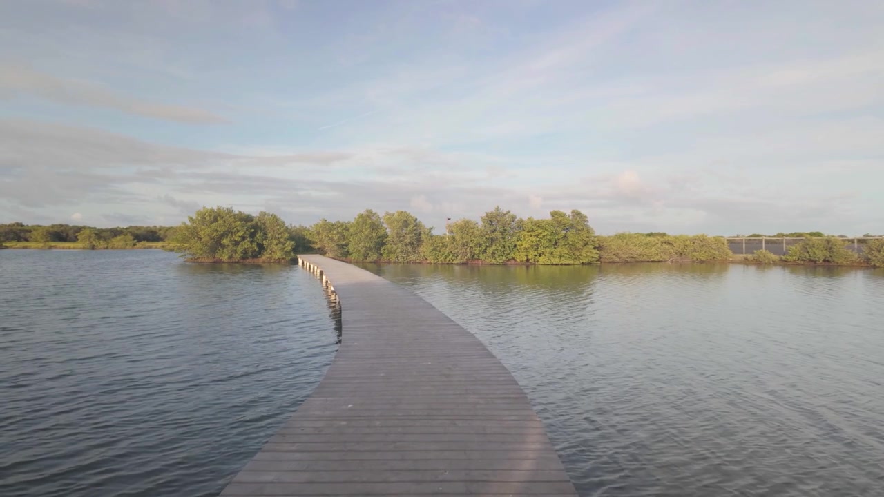 Fridfull resa längs en rofylld trägång som korsar reflekterande vatten, vilket fångar harmonin mellan natur och hållbar arkitektur.