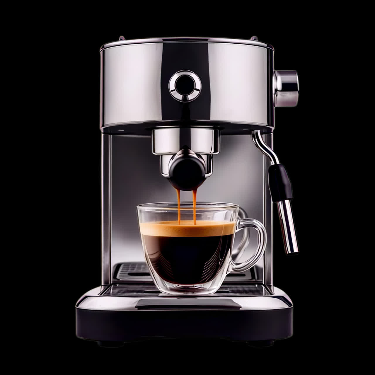 Aset terisolasi animasi mesin espresso ramping yang menyeduh kopi, video 4K transparan, saluran alfa