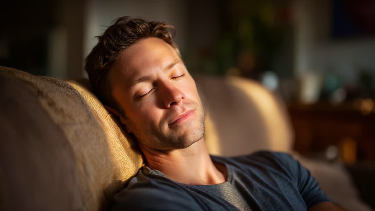 Un momento di serenità immortalato mentre un uomo si gode un pisolino su un comodo divano, circondato da una calda illuminazione che esalta la tranquillità della scena