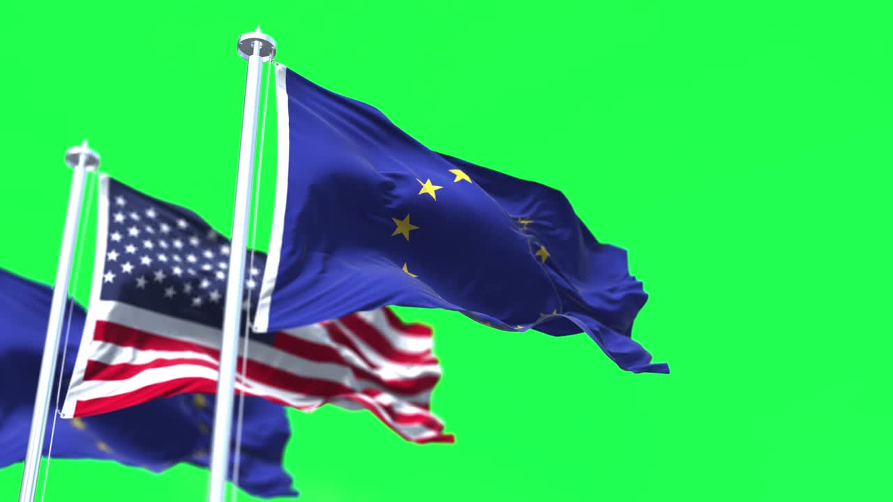 유럽 연합과 미국 발이 녹색 스크린 배경에 흔들리고 있습니다.