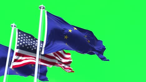 the flags of the european union and the united states of america waving on a green screen background