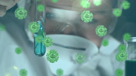 animation of macro covid-19 cells floating over scientist looking in a tube