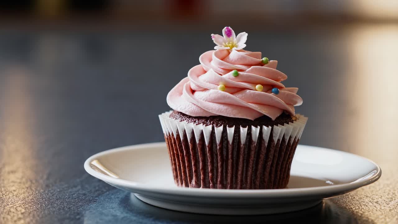 Primo piano di un video di un cupcake al cioccolato con glassa rosa e granelli su un piatto bianco
