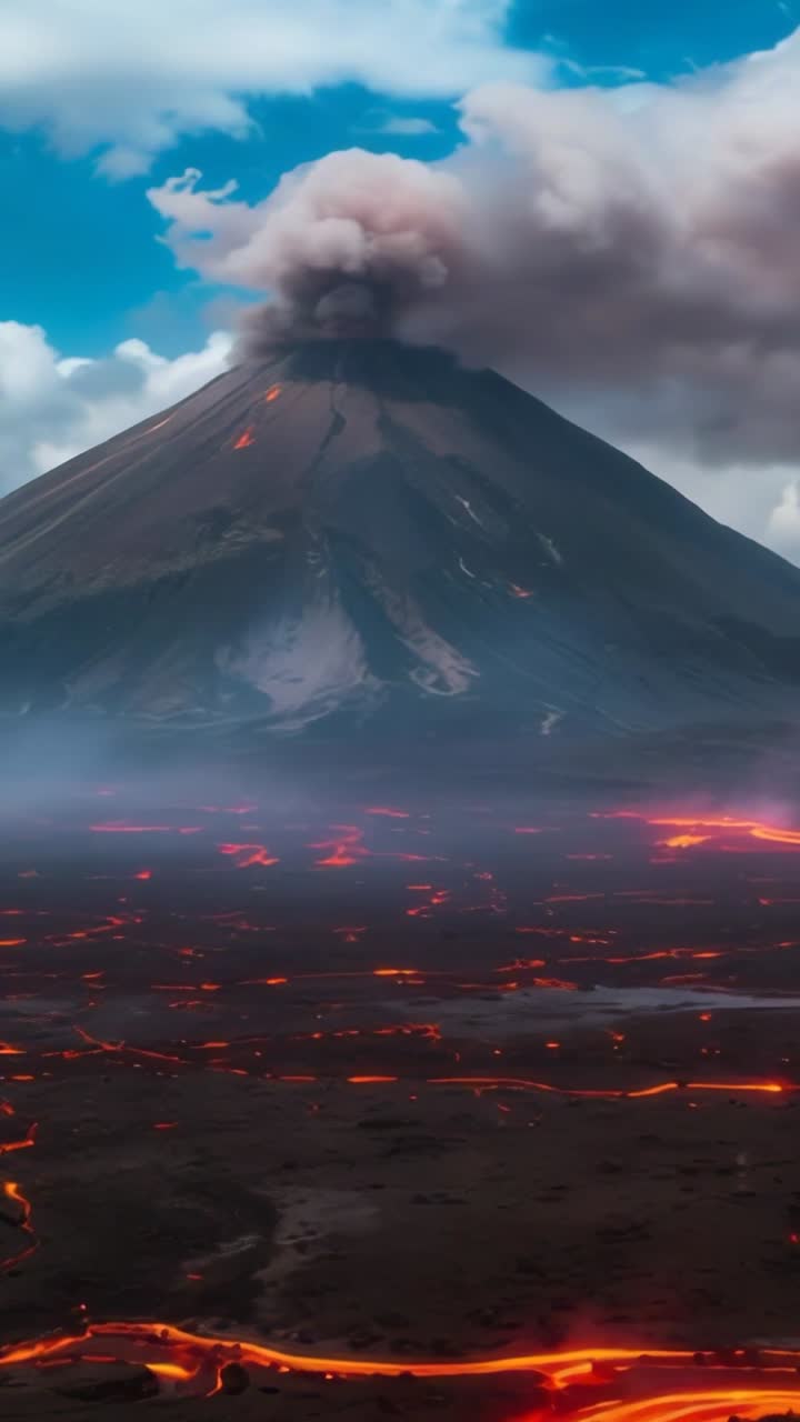 Vertical video: Volcanic cone erupting lava flowing across barren plain, with billowing ash plume