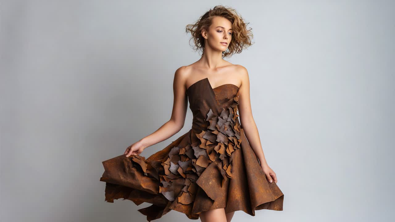 Una modella posa elegantemente con un abito unico realizzato in tessuto marrone rustico con dettagli floreali, mettendo in mostra uno stile audace e un'espressione artistica.
