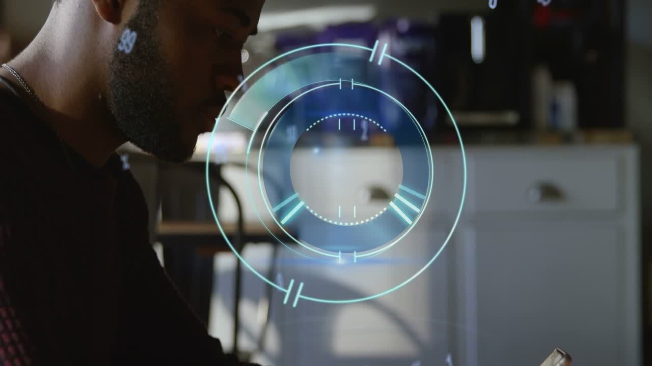 Man tapping phone, activating circular HUD, lighting segments and showing numbers for tech analysis