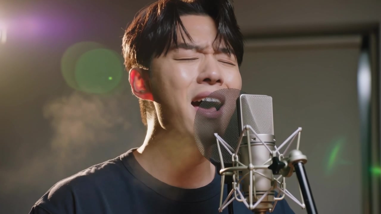 นักร้องกำลังร้องเพลง เริ่มต้นด้วยท่อนนุ่มนวลและค่อยๆ สูงขึ้นสู่จุดสูงสุดในสตูดิโอพร้อมไมโครโฟน แสงไฟด้านหลัง สวมเสื้อยืดสีกรมท่า