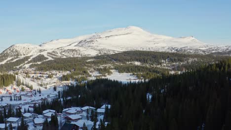 drone aerial view åre, sweden during sunset