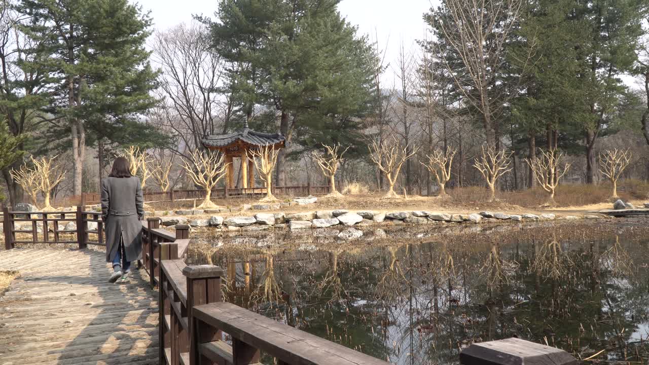 나무 다리에 강 근처를 산책하는 남이 섬 여자