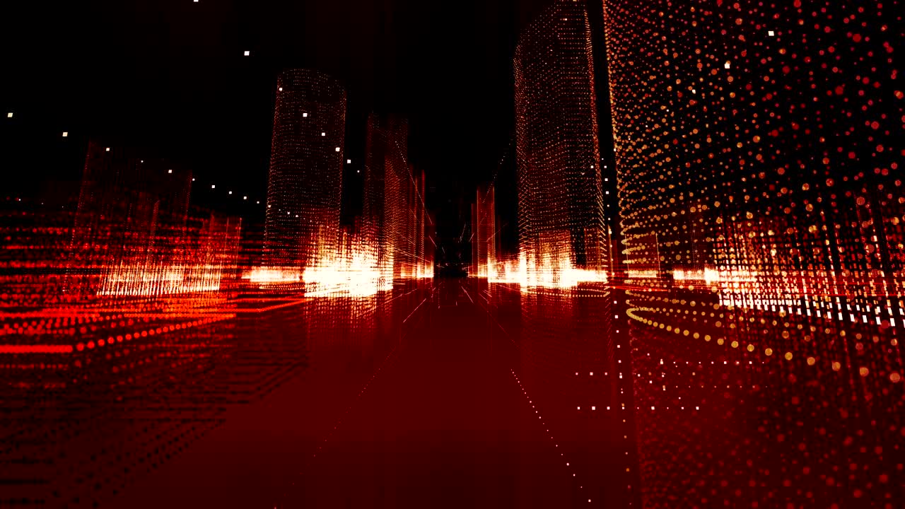 미래의 매트릭스 홀로그램 도시 시엄리스 루프: 입자를 가진 디지털 건물