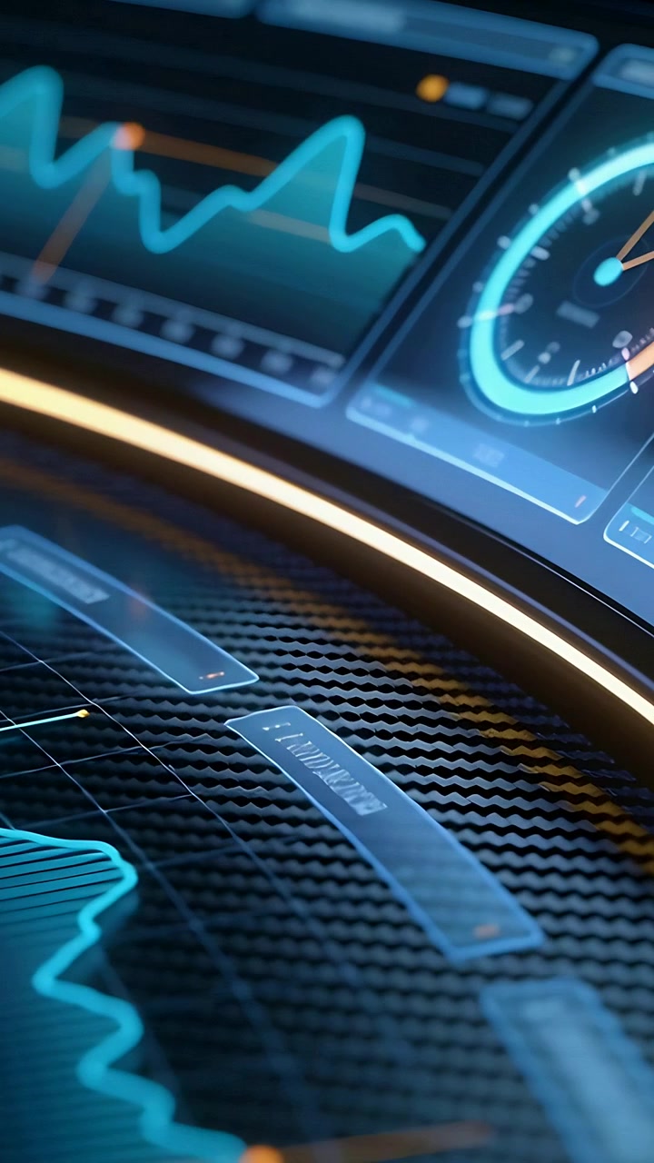 Vertical video: Camera panning curved holo display updating in cockpit with cyan graphs and gauge