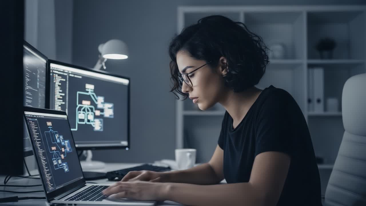 Focused Programmer Engaged in Coding at Computer Workspace, Analyzing Data and Developing Software Solutions in a Modern, Well-Equipped Office Environment