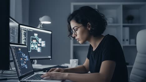 focused programmer engaged in coding at computer workspace, analyzing data and developing software solutions in a modern, well-equipped office environment