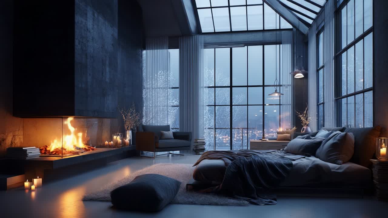 A Serene Winter Retreat: Cozy Modern Living Room with a Fireplace, Inviting Bed, and Expansive Windows Offering a Stunning View of a Snow-Covered Landscape Under an Evening Sky