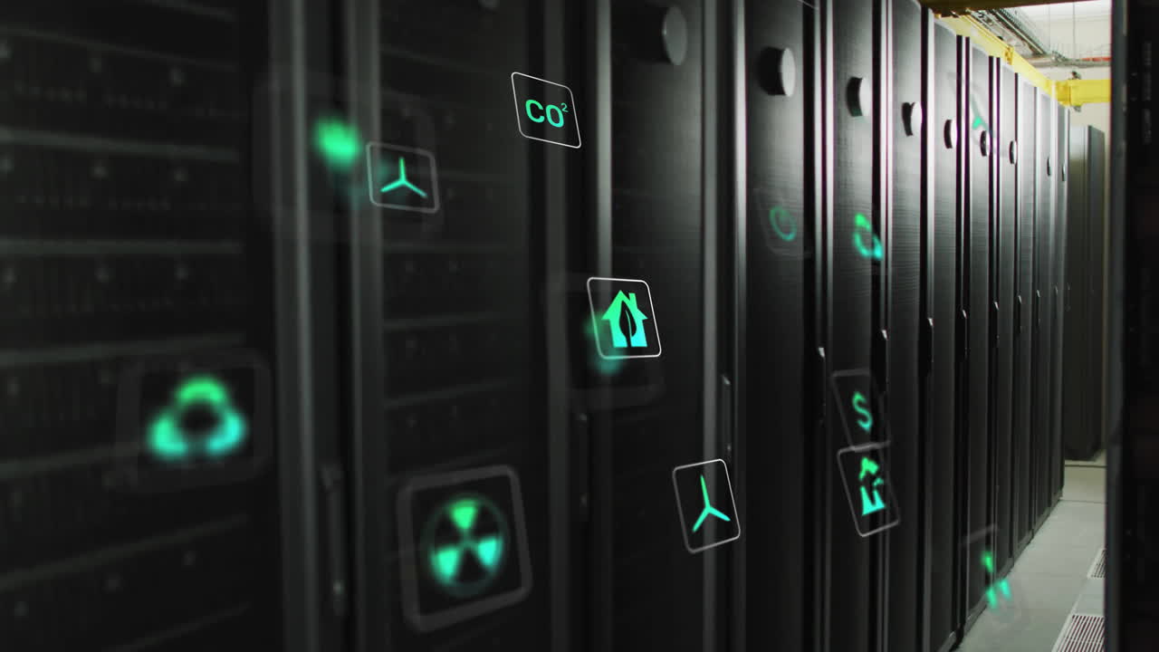 Animation of eco icons and data processing over computer servers