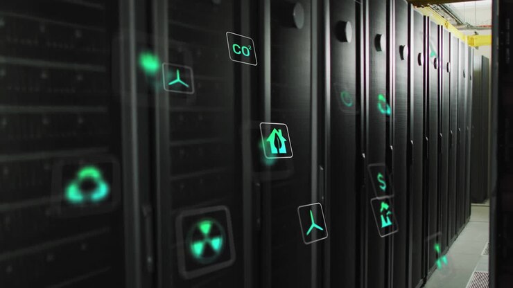 Animation of eco icons and data processing over computer servers