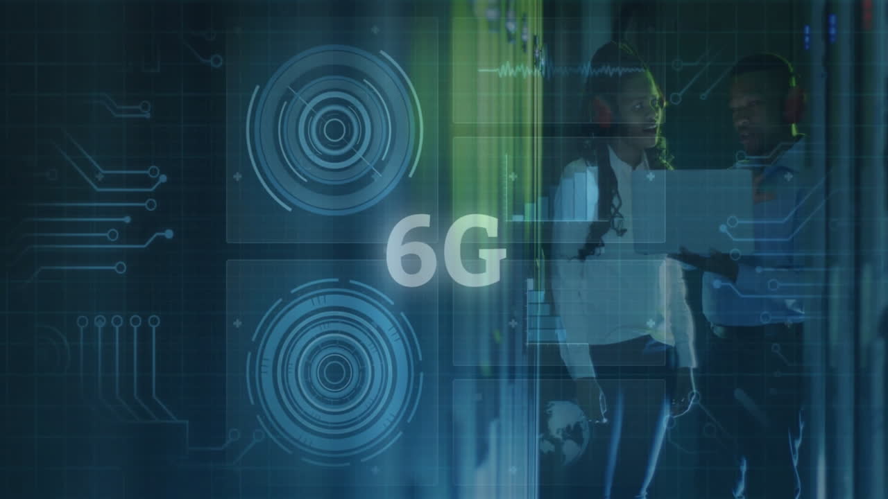 6G technology animation over people working in data center