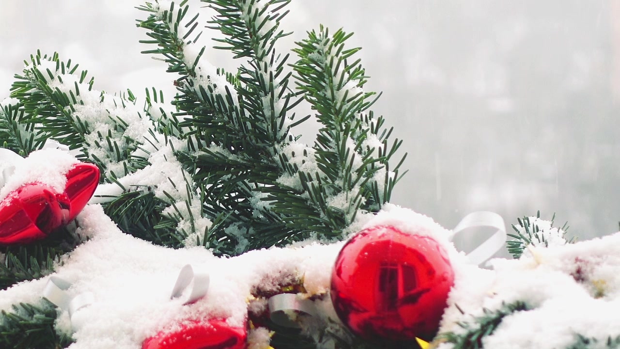 Kar altında oyuncaklarla süslenmiş Noel ağacı dalları