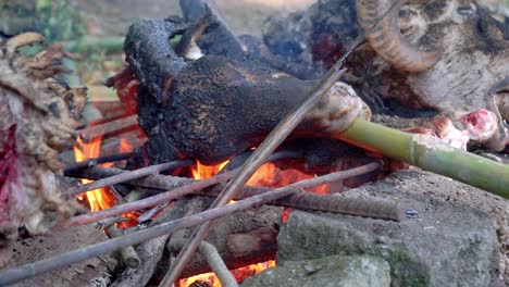 cabeza de cabra quemada con fuego de leña apuñalando bambú