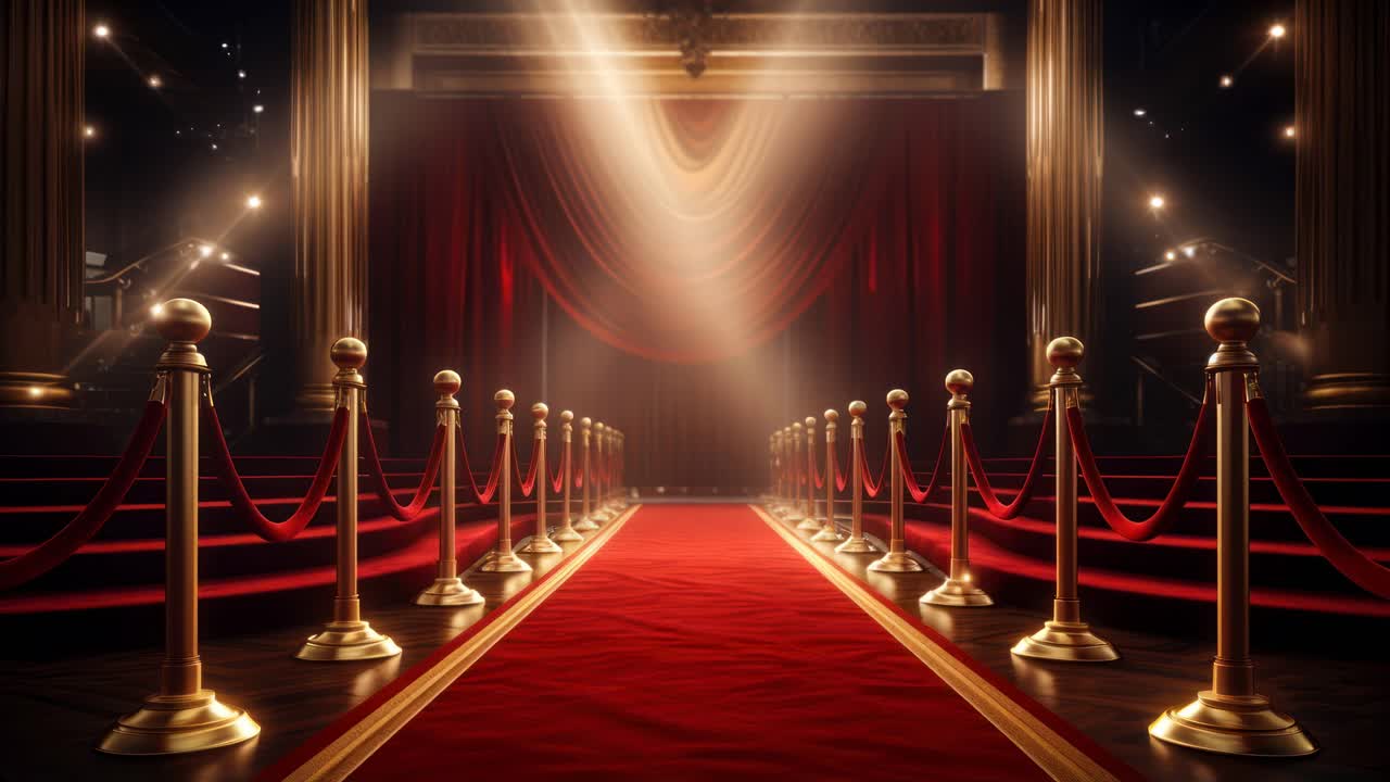 Elegant theater entrance with red carpet and golden stanchions, captured from a low angle