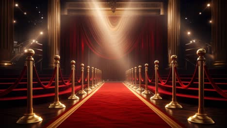 elegant theater entrance with red carpet and golden stanchions, captured from a low angle