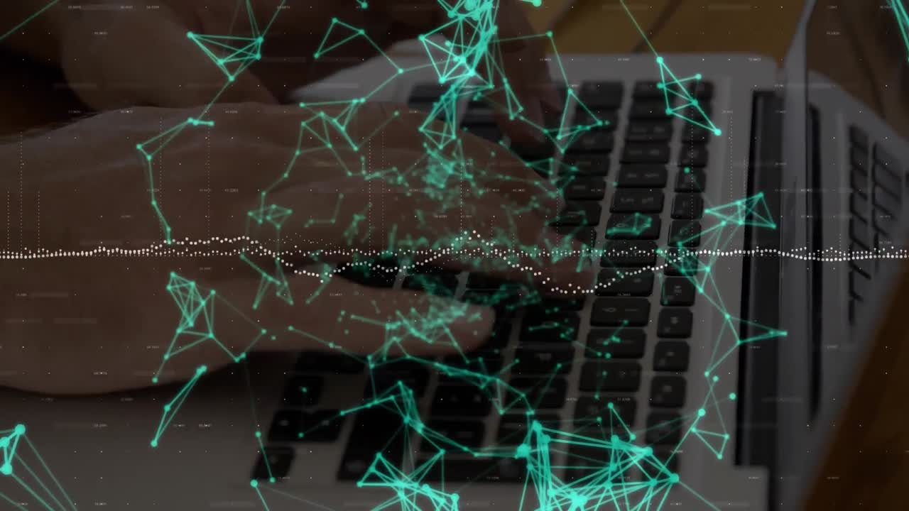 animación de la red de conexiones a través del tipo de hombre en el teclado de la computadora.