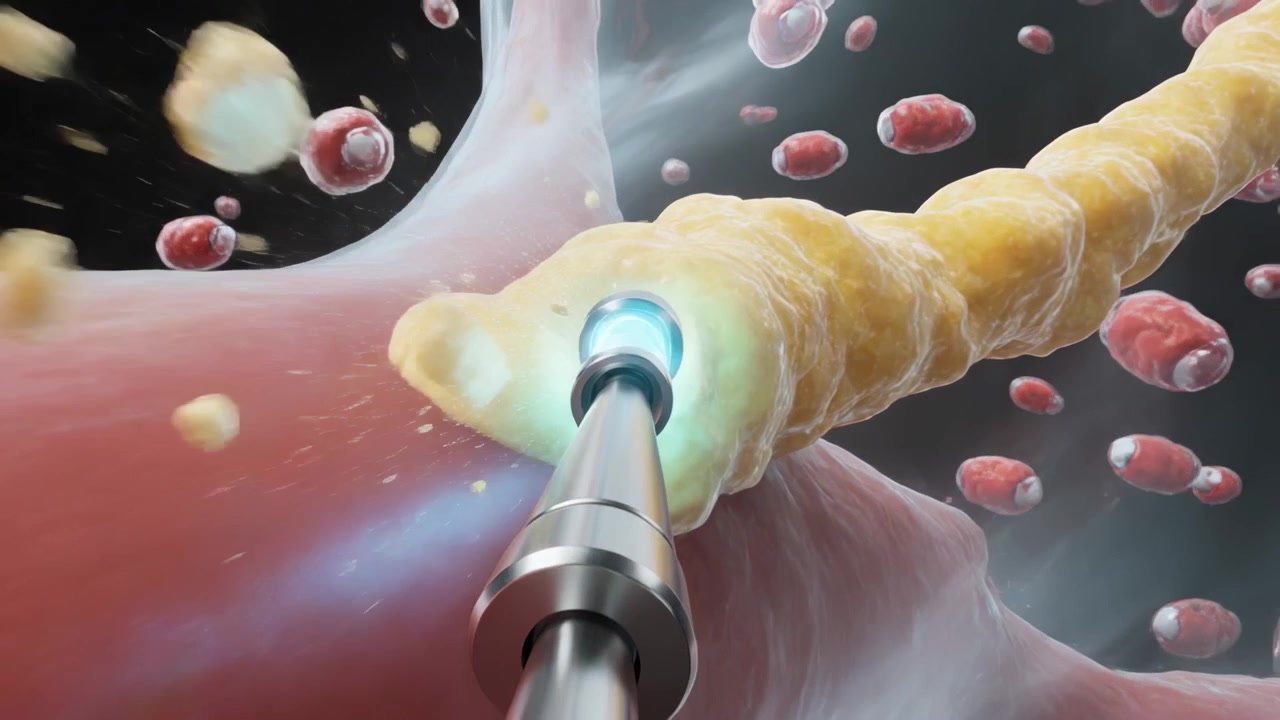 Sonda metallica in movimento con punta blu che preme su una placca gialla nel lume del vaso, dislocando detriti.