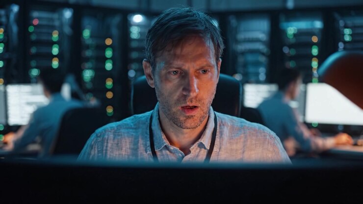 Focused IT Professional Analyzing Data in a Modern Server Room with Colleagues Working on Computers in the Background