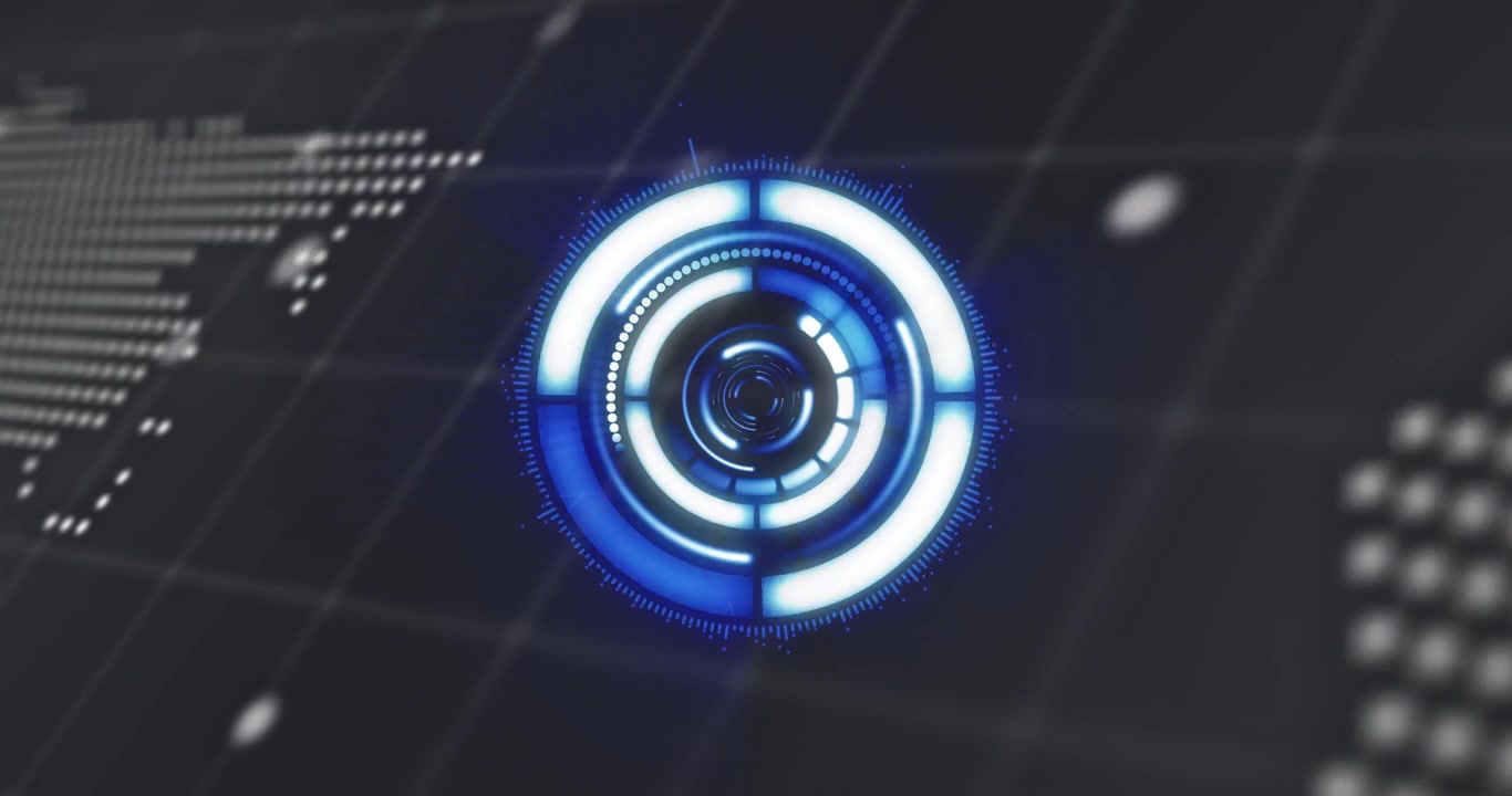 On startup blue ringed HUD appearing, rotating and pulsing as map and code shifting, showing status