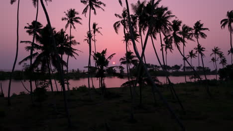 Wolkiger-Sonnenuntergang-An-Einem-Strand-Mit-Kokosnussbäumen