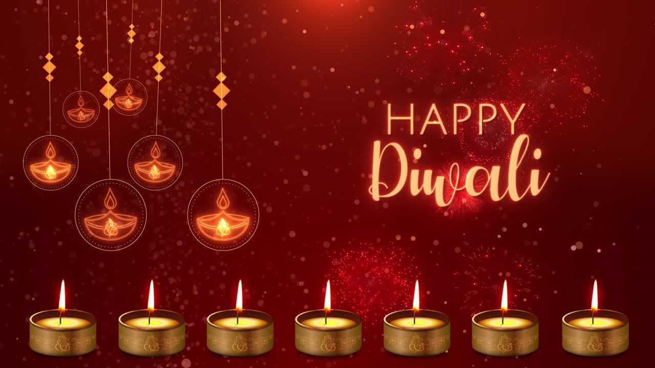 Buon Deepawali Shubh Diwali, testo di celebrazione, sfondo in loop decorato, fuochi d'artificio