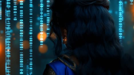 woman in blue with digital bg. a woman in a blue outfit and jewelry stands before a glowing digital matrix, creating a futuristic vibe.