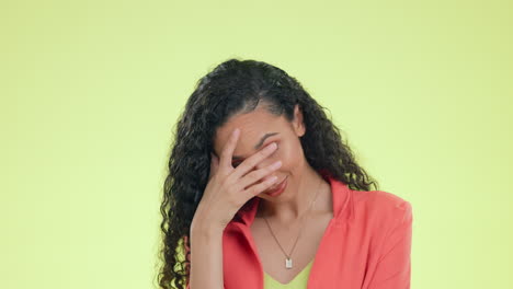 face, what and black woman in studio with shy