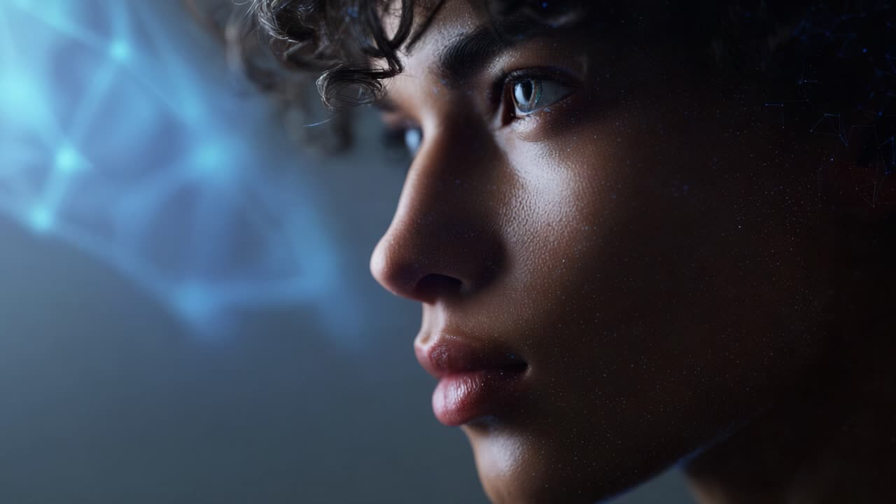A captivating close-up of a young person with curly hair, showcasing a digital transformation with intricate blue patterns illuminating their face and features