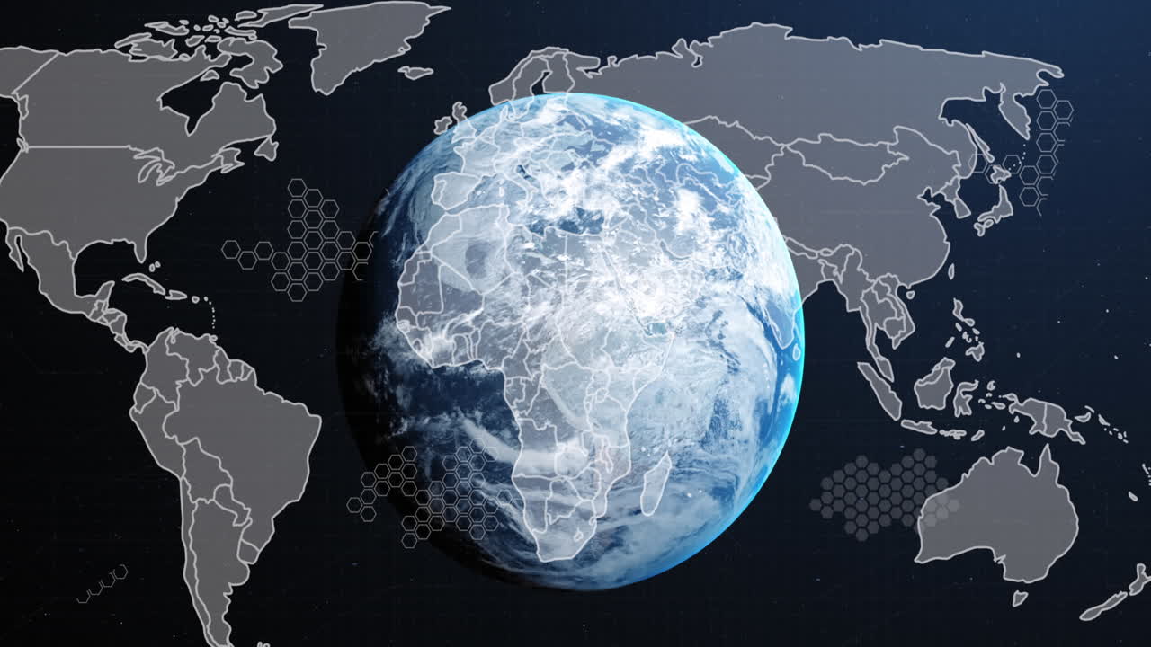 추상적인 배경 위에 회로판 패턴, 지도 및 지구의 애니메이션