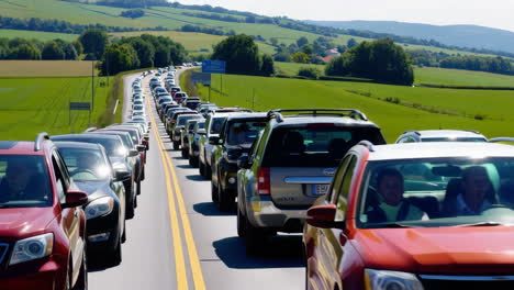 long traffic jam on a rural highway