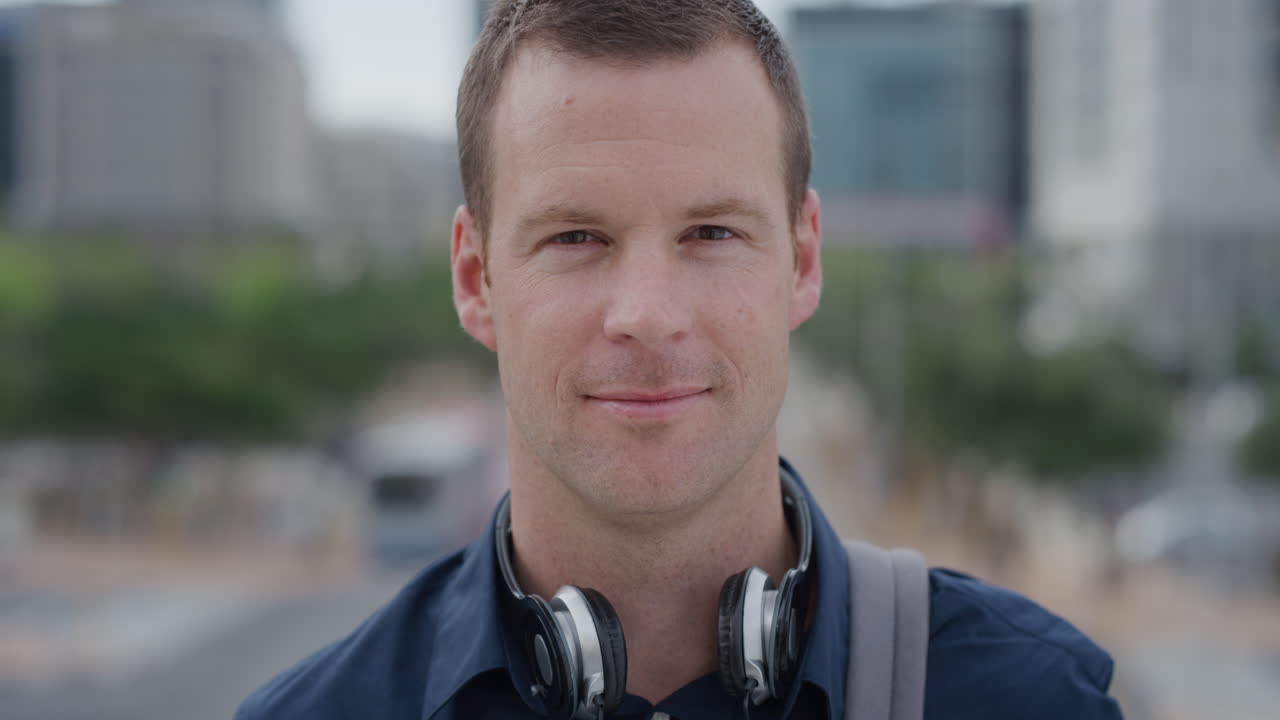 retrato exitoso joven hombre de negocios caucásico gira la cabeza sonriendo disfrutando del estilo de vida urbano profesional en la ciudad