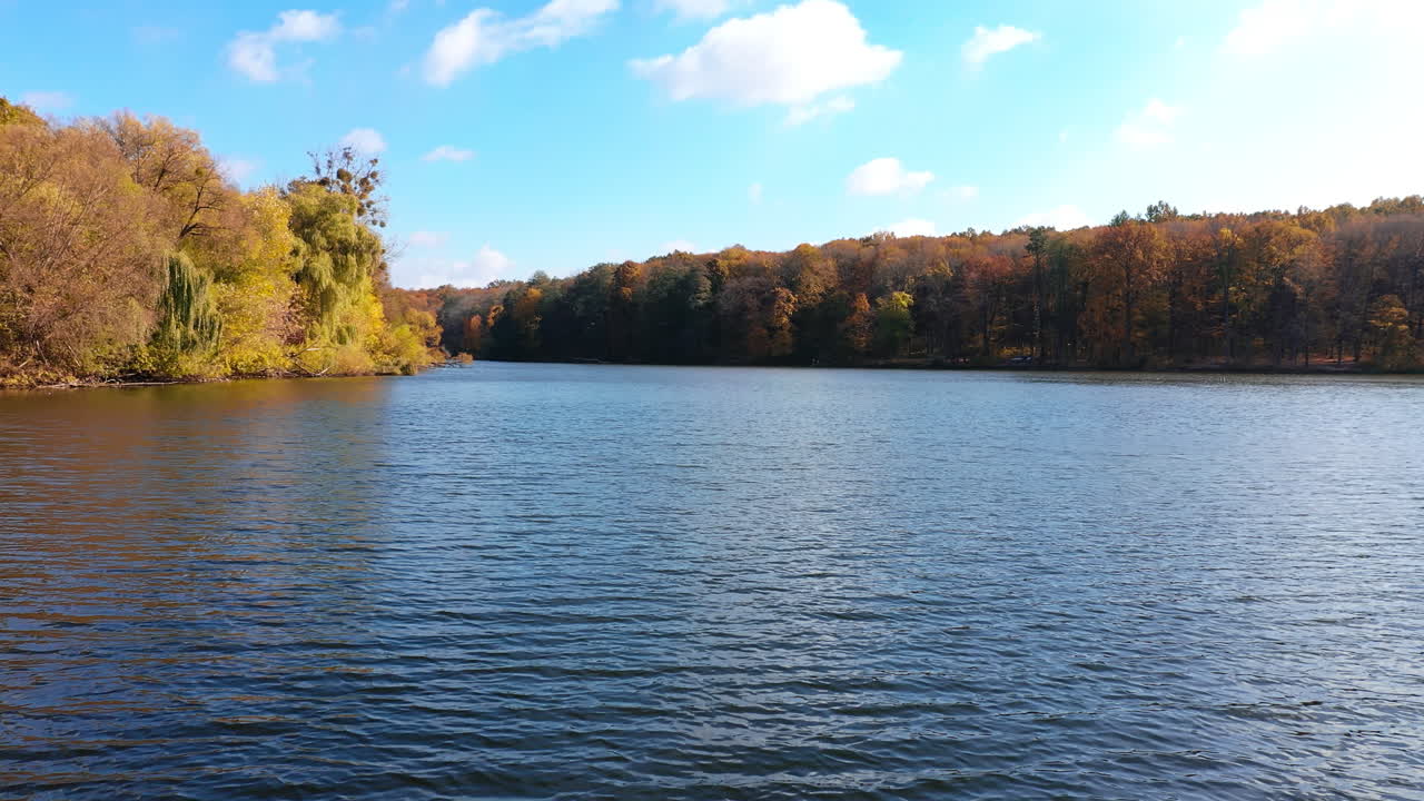 Dark river with waterfronts overgrown with thick woods. Multicolored leaves on the trees shining in the sun on autumn day.