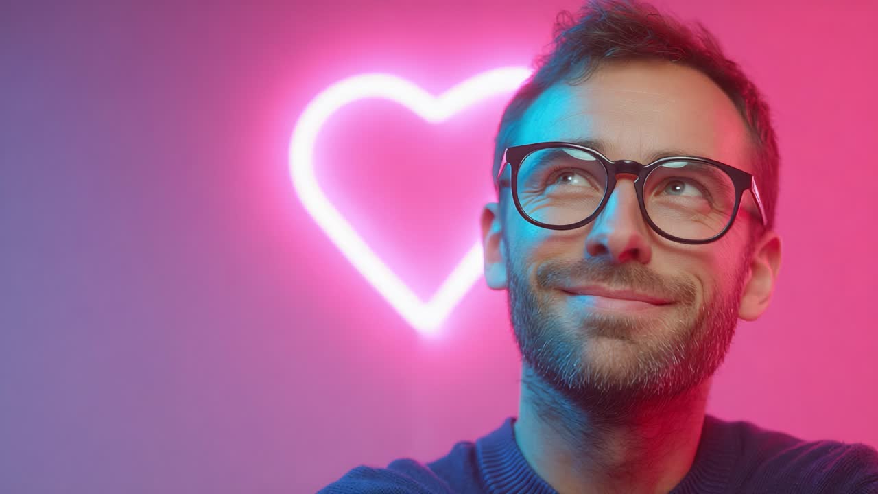 A cheerful young man with glasses smiles thoughtfully against a vibrant neon heart backdrop, capturing a moment of joy, romance, and modern aesthetics