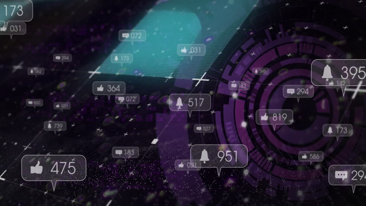 소셜 미디어 아이콘을 둥근 스캐너와 데이터 처리에 대한 라이트 트레일로 애니메이션