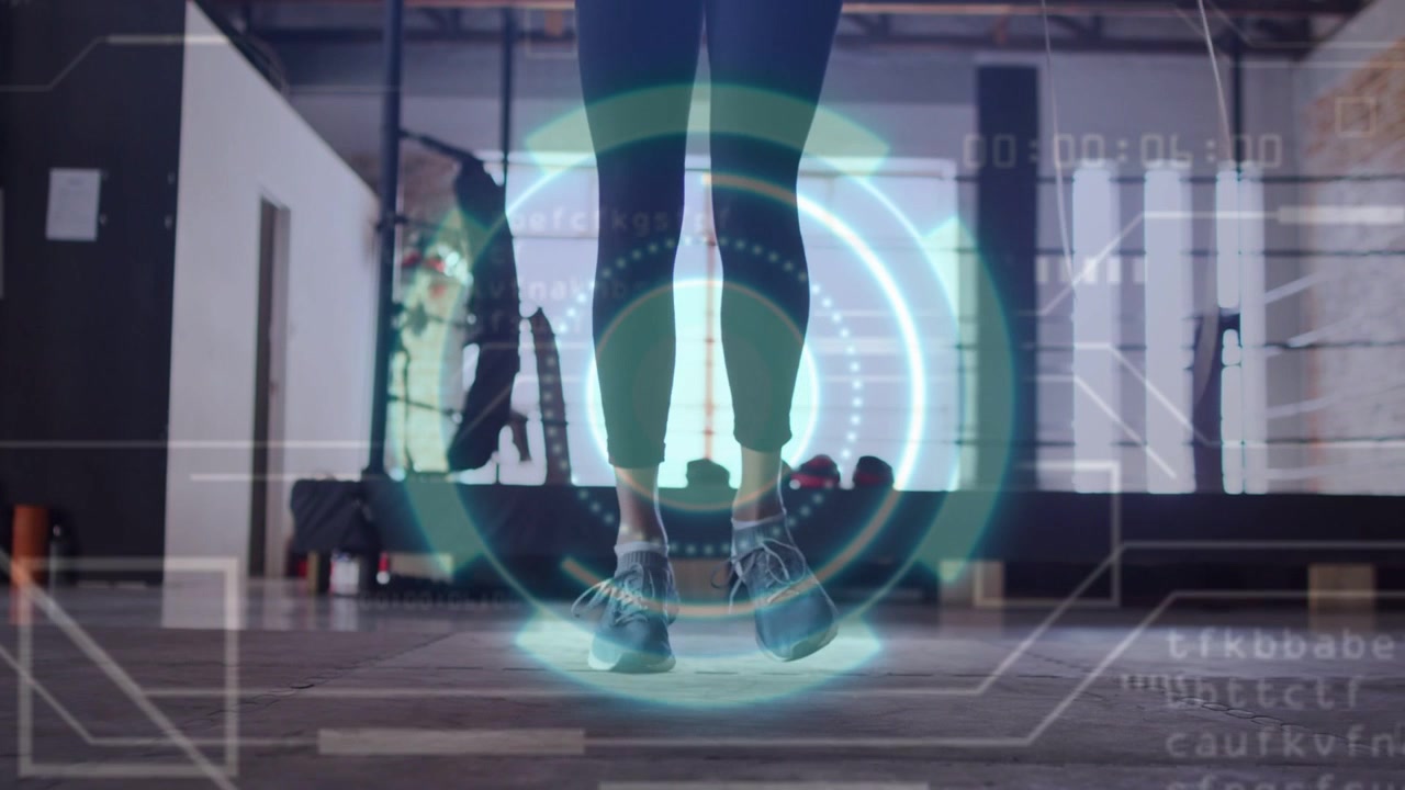 Female trainee stepping in gym, each foot lift activating HUD showing foot mechanics for balance